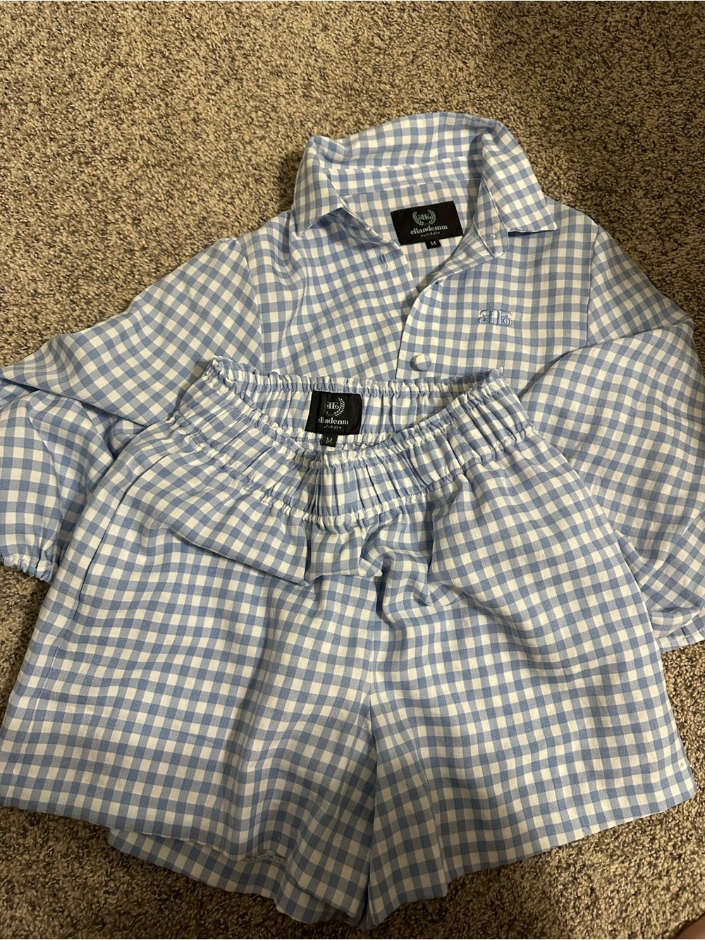 Blue & White Gingham Button-Down Shirt and Shorts Set